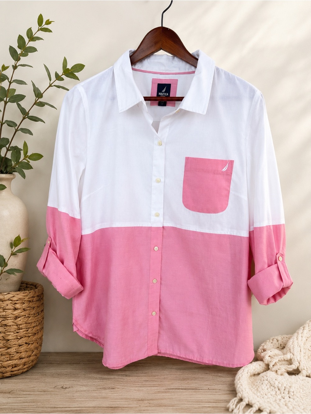 Nautica Pink White Colorblock Button Down Shirt Coastal Preppy L Eurosummer